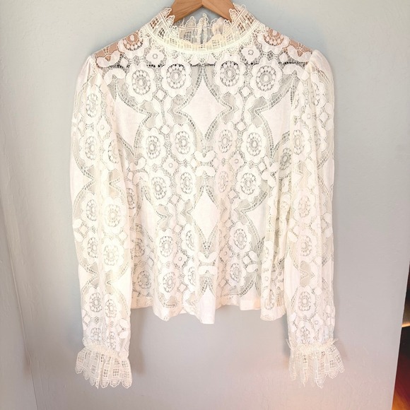 Broadway & Broome Tops - Broadway 38 Blouse Women's L White Lace Mock Neck Long Sleeve Sheer Victorian